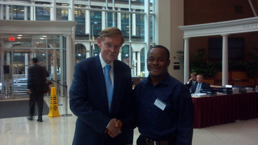 Our Founder and Editor, Mr. Chinedu Ezeocha with former World Bank President, Bob Zoellick at the CATO Institute’s 29th Annual Monetary Conference held at CATO Institute’s Building, Washington DC. November 16, 2011.