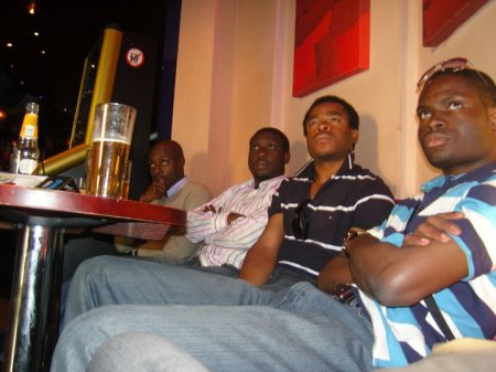  From Right to Left – Chikelue Uwafili, Ezeocha Post’s Chinedu Ezeocha, Michael Amankwa, and Akin Omoyoruba as we watch the UEFA Euro 2008 Soccer Championship Final between Spain and Germany in a Blackpool bar. June 29, 2008. 